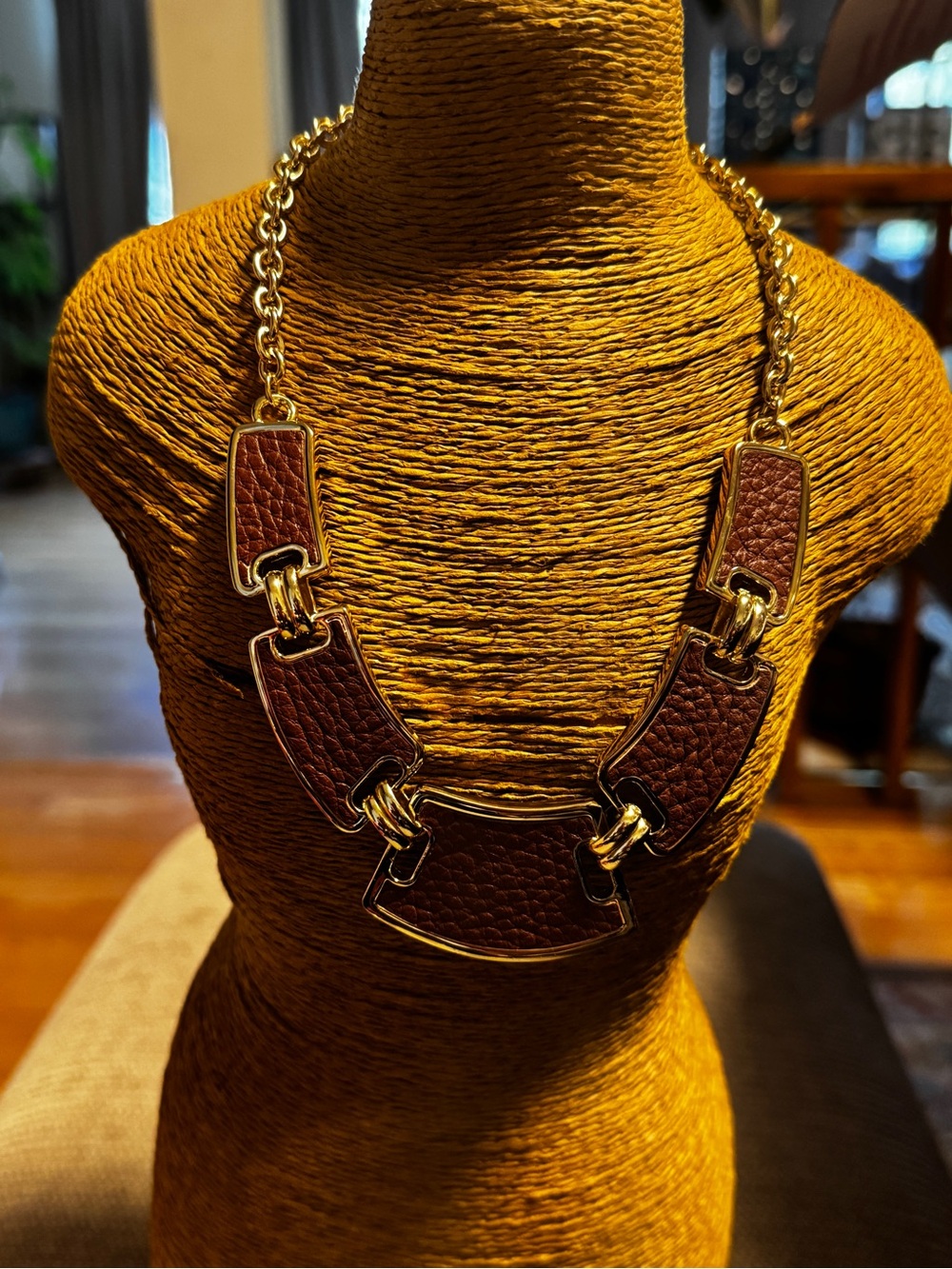 White House Black Market Gold-Tone Necklace with Brown Leather Panels
